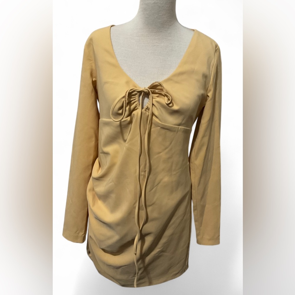 ZARA Yellow Draped Mini Dress XL Tie Front Long Sleeve NWT